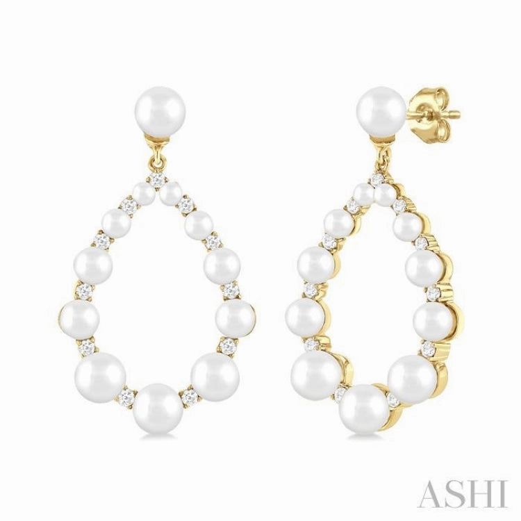 2 MM-4.5 MM Tear Drop Cultured Pearls and 1/4 Ctw Round Cut Diamond Fashion Earring in 10K Yellow Gold Weekend Chic Event Glow