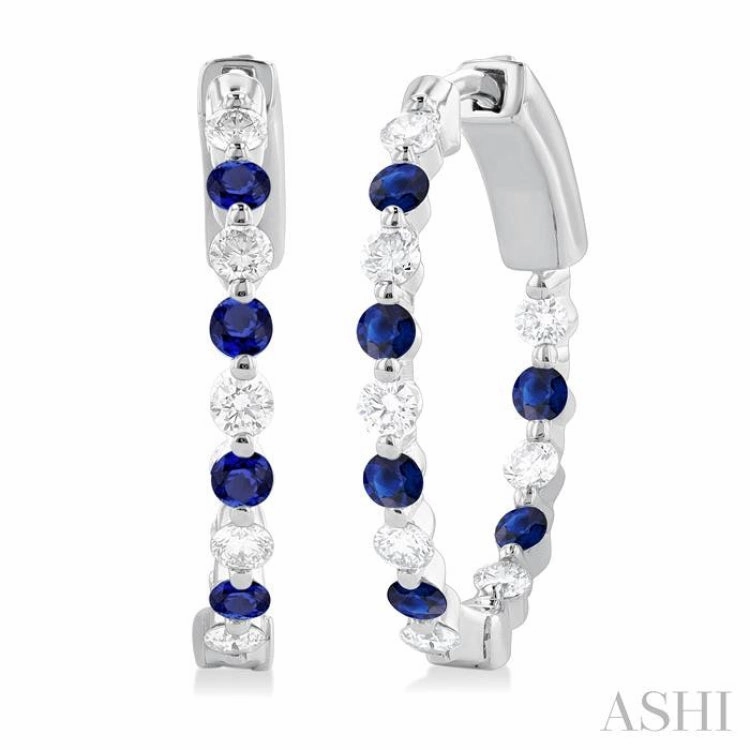 Chic Accessory Shiny Details 2 MM Round Cut Sapphire and 1/2 ctw Round Cut Diamond Precious Inside-Out Alternating Hoop Earrings in 14K White Gold