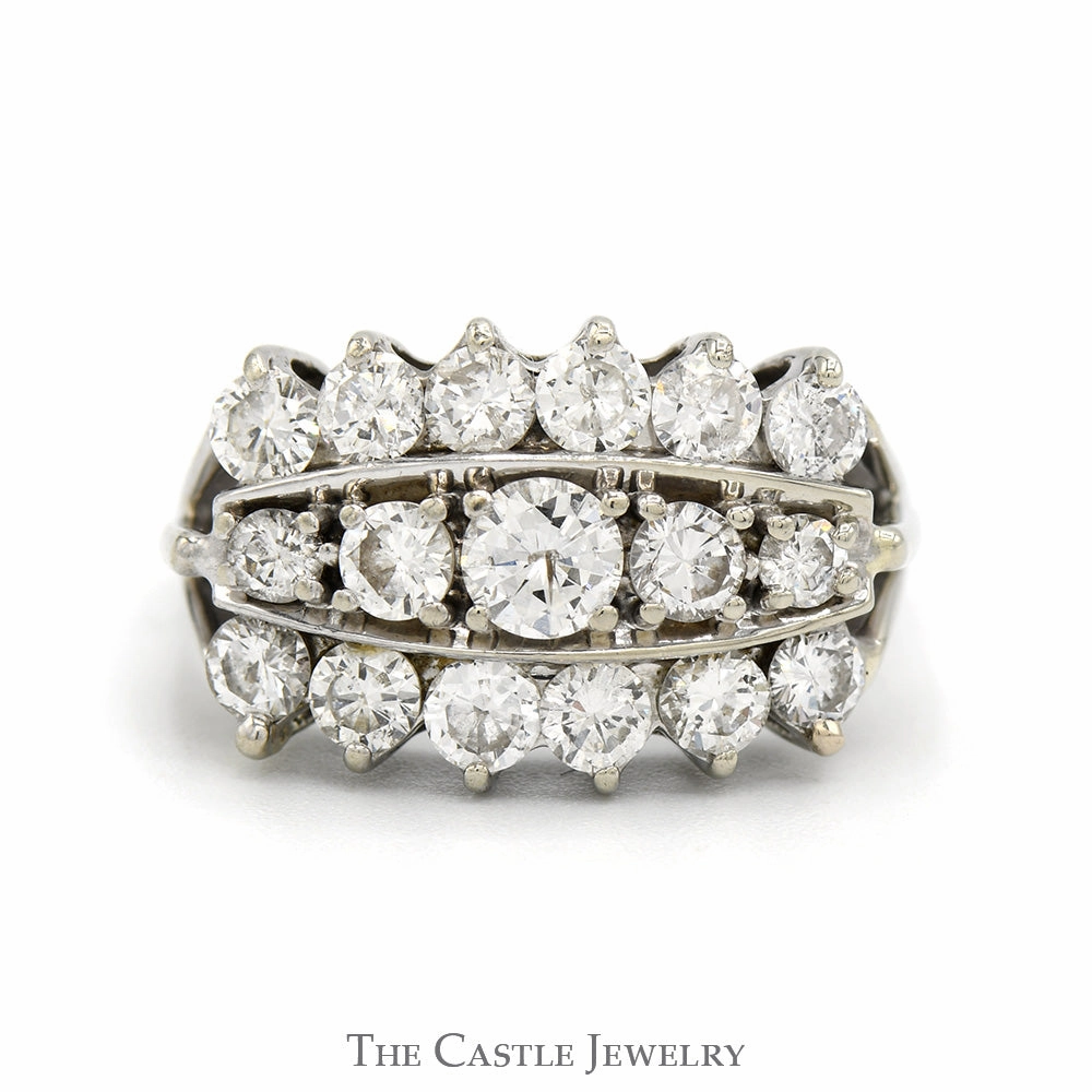Evening Glamour 2cttw 3 Row Round Diamond Cluster Ring with Split Shank Sides in 14k White Gold