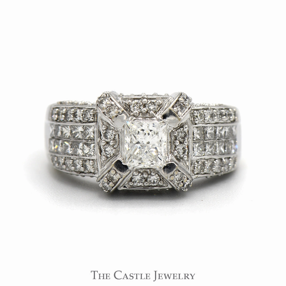 Timeless Gift Unique Present 2cttw Princess Cut Diamond Ring with Diamond Halo and Diamond Accented Sides in 14k White Gold