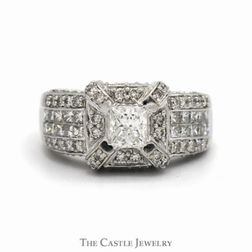 Timeless Gift Unique Present 2cttw Princess Cut Diamond Ring with Diamond Halo and Diamond Accented Sides in 14k White Gold
