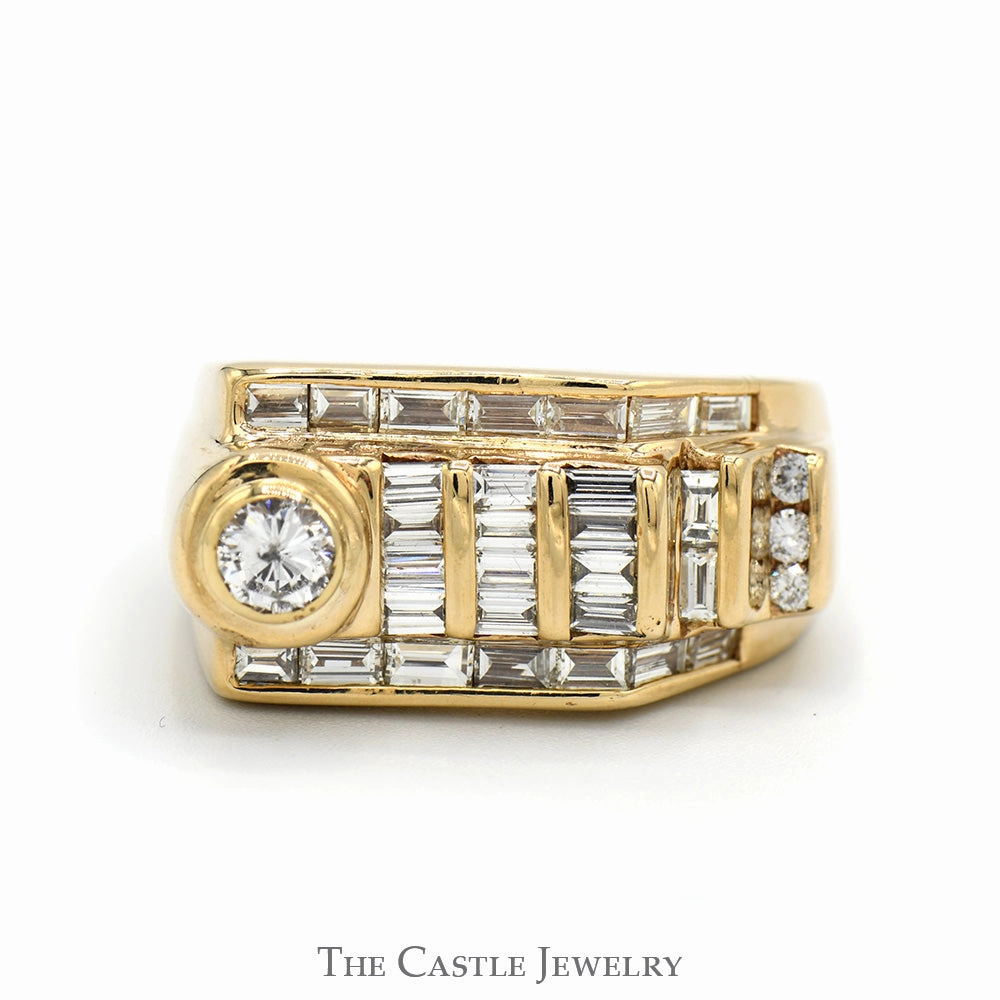 2cttw Round & Baguette Diamond Cluster Men's Ring in 14k Yellow Gold Ritual Object