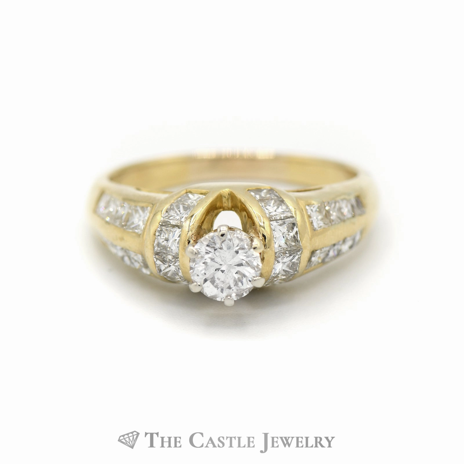 2CTTW Round Diamond Solitaire with Princess Cut Accents Bridal Ring in 14KT Yellow Gold Everyday Look
