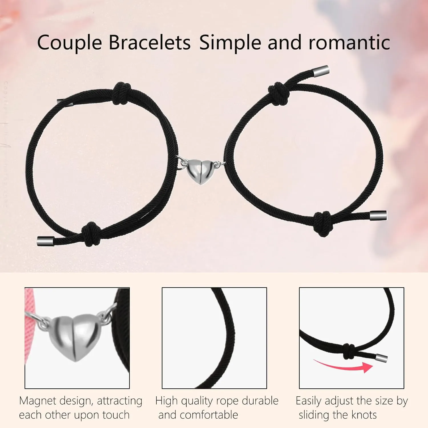 2PCS Couples Bracelets Women Men Matching Bracelets Matching Heart Adjustable Bracelets Boyfriend Girlfriend