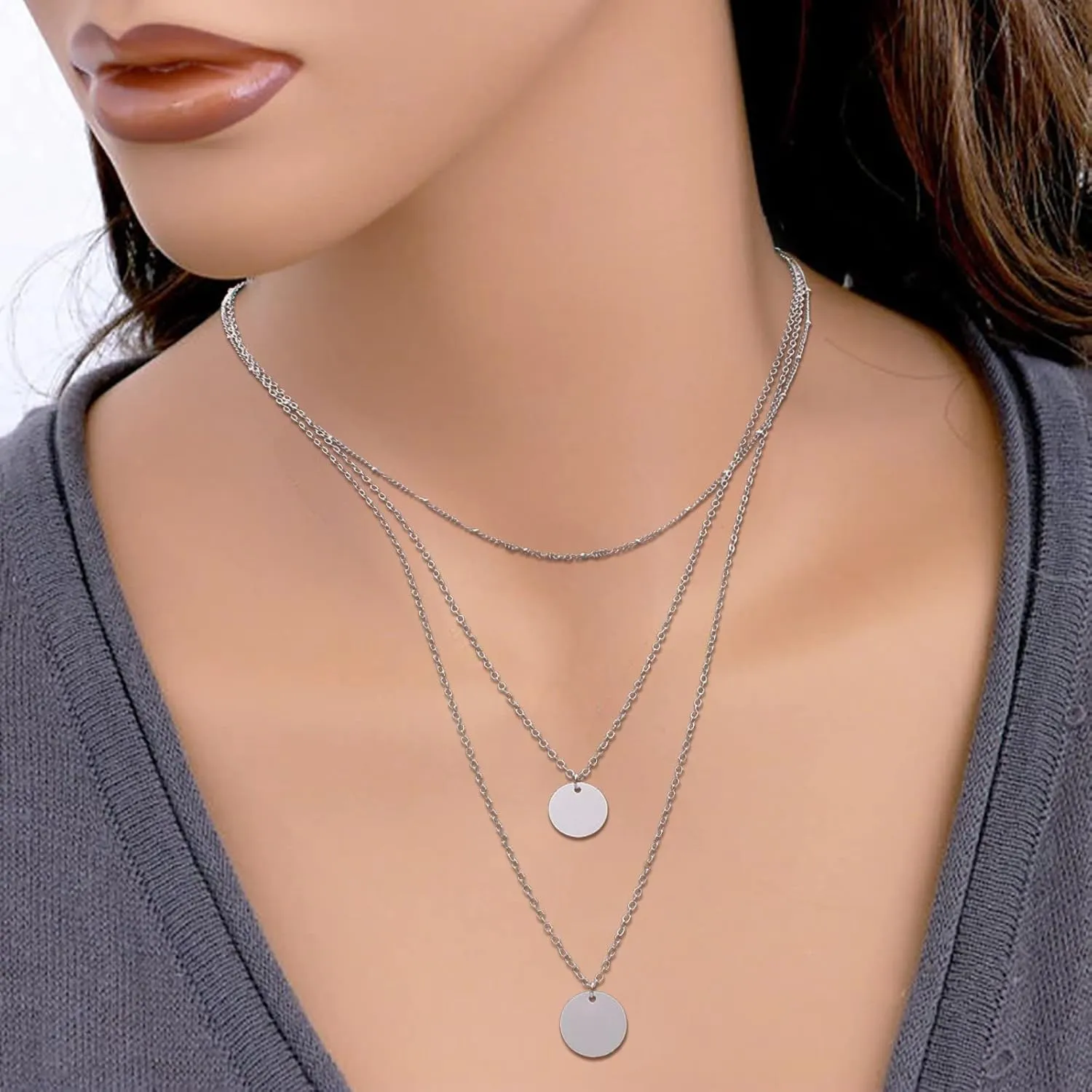 3 Layered Necklaces for Women Dainty Pendant Necklaces Personalized Chain Necklace Gifts Jewelry Lady (Silver, One Size)