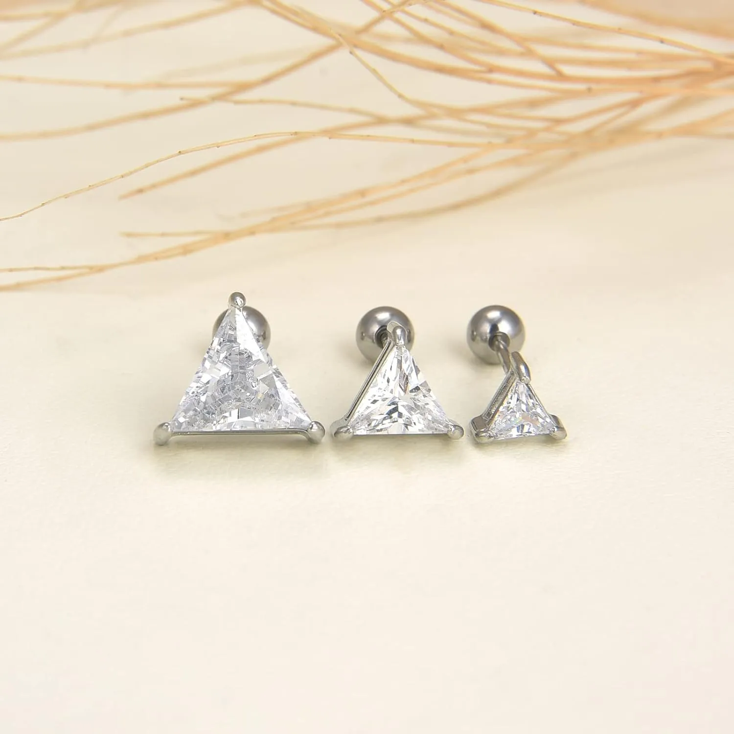 3 Pairs Surgical Stainless Steel Screw Back Stud Earrings, Heart Square Princess Cut Horse Eye Teardrop Triangle Cubic Zirconia Stud Earrings Set