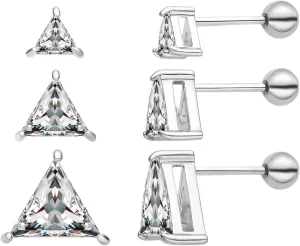 3 Pairs Surgical Stainless Steel Screw Back Stud Earrings, Heart Square Princess Cut Horse Eye Teardrop Triangle Cubic Zirconia Stud Earrings Set