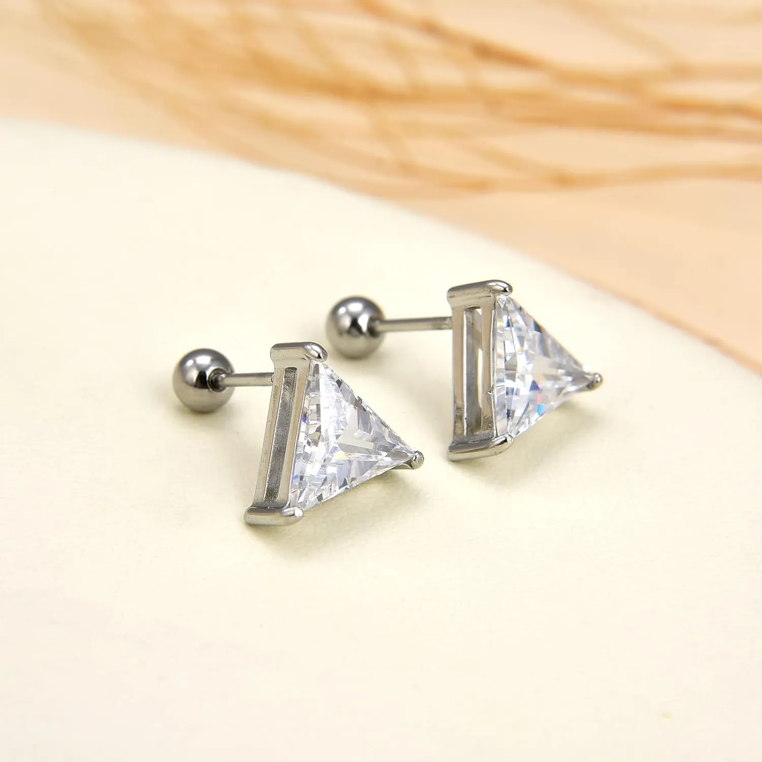 3 Pairs Surgical Stainless Steel Screw Back Stud Earrings, Heart Square Princess Cut Horse Eye Teardrop Triangle Cubic Zirconia Stud Earrings Set