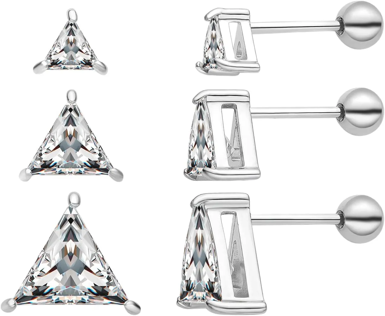 3 Pairs Surgical Stainless Steel Screw Back Stud Earrings, Heart Square Princess Cut Horse Eye Teardrop Triangle Cubic Zirconia Stud Earrings Set