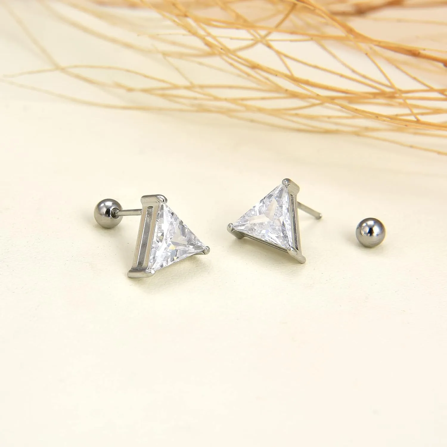 3 Pairs Surgical Stainless Steel Screw Back Stud Earrings, Heart Square Princess Cut Horse Eye Teardrop Triangle Cubic Zirconia Stud Earrings Set