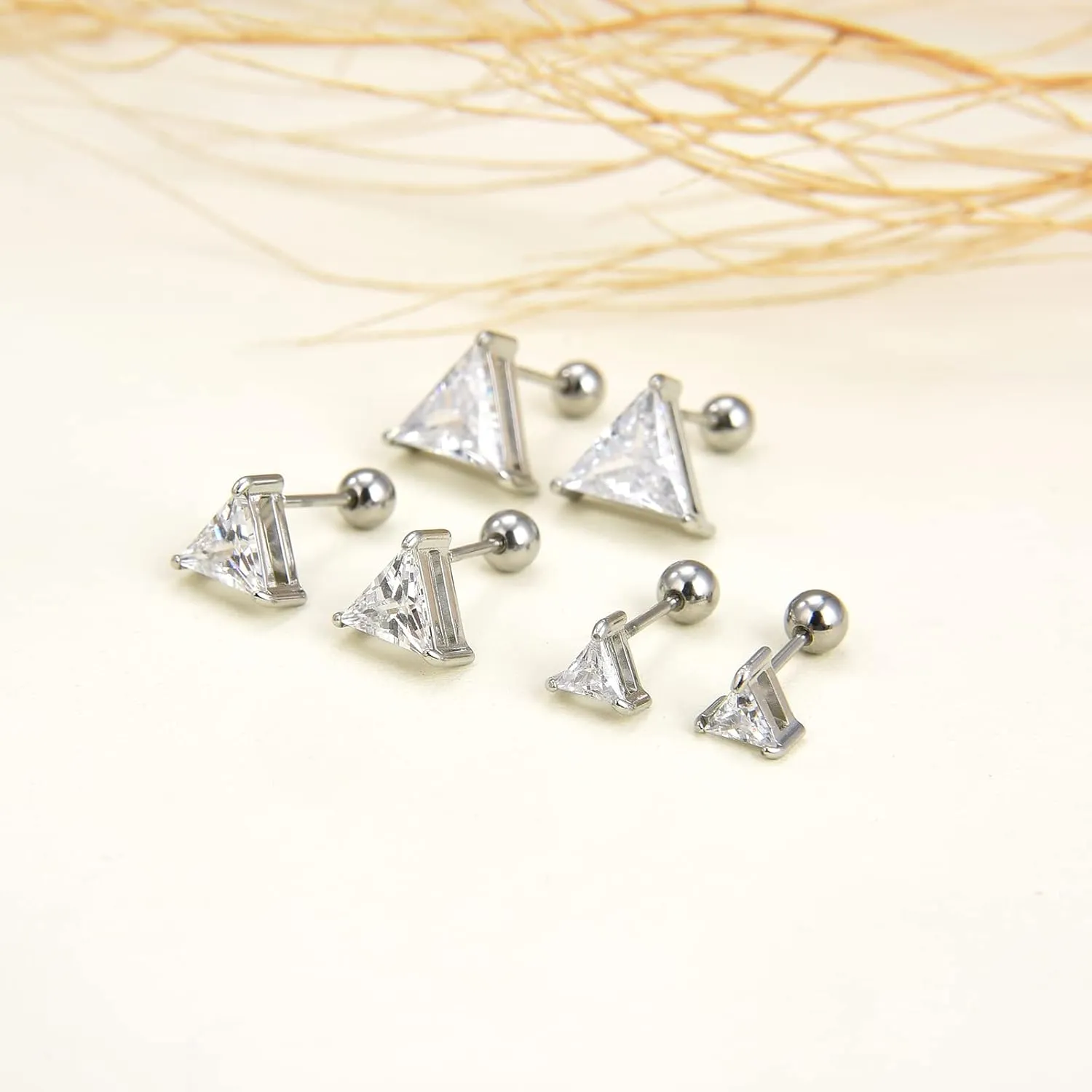 3 Pairs Surgical Stainless Steel Screw Back Stud Earrings, Heart Square Princess Cut Horse Eye Teardrop Triangle Cubic Zirconia Stud Earrings Set