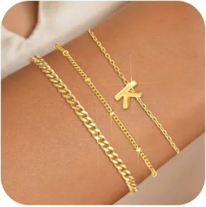 3 Pcs Gold and Silver Bracelets for Women 14K Gold Initaial Bracelet Stackable Letter Charm A-Z Monogram Bracelet Anti Tarnish Jewelry Gifts for Women
