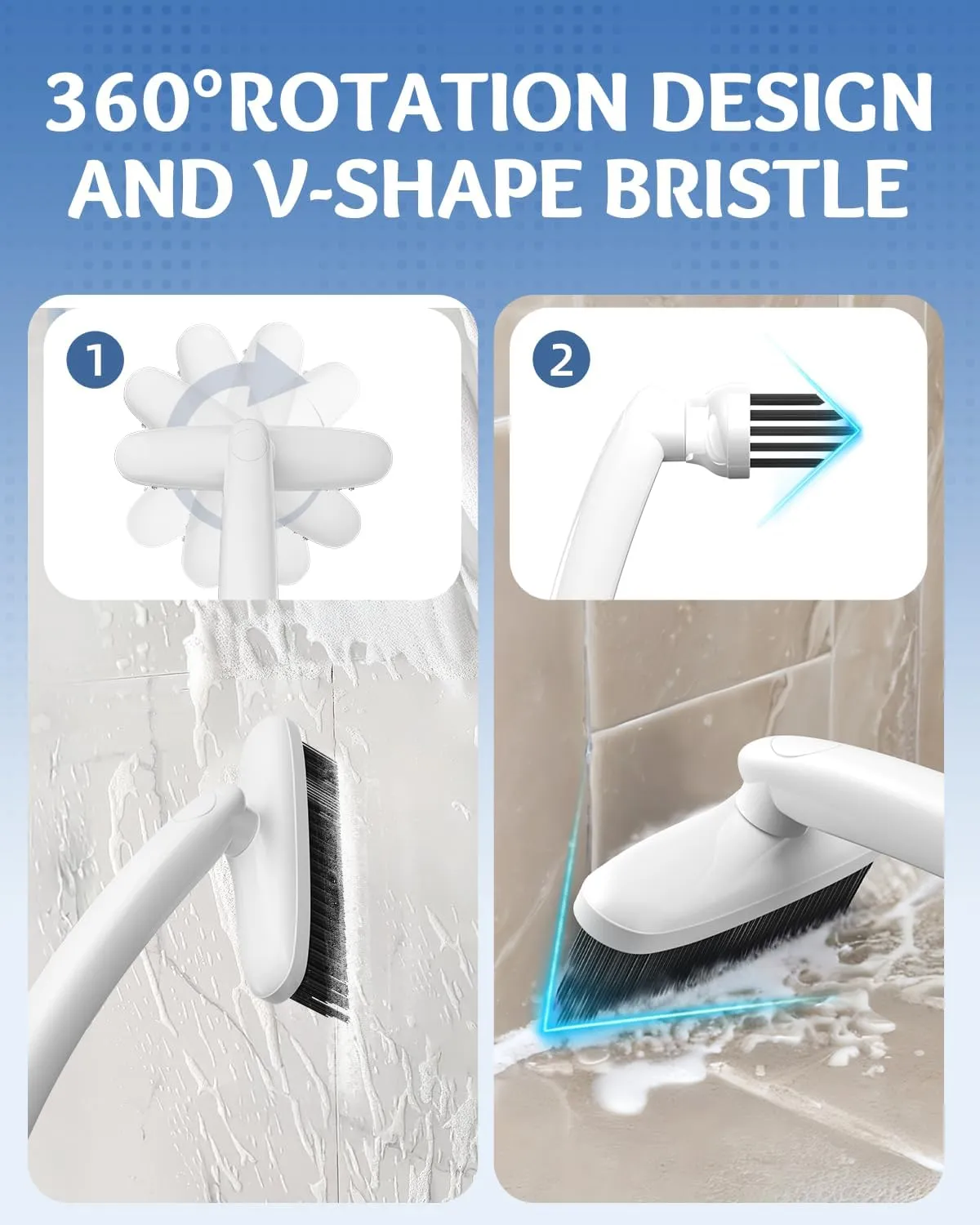 360 Degree Rotating Crevice Cleaning Brush- Household Hard Bristle Cleaning Brush, Multifunctional Bathroom Cleaning Tools for Kitchen Sink, Window, Tile, Toilet Seat (1, White)