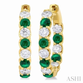 Lustrous Edge 3.1 MM Emerald and 1 5/8 ctw Round Cut Inside-Out Diamond Precious Hoop Earrings in 14K Yellow Gold