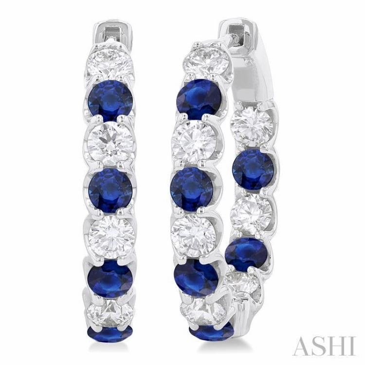 3.1 MM Sapphire and 1 5/8 ctw Round Cut Inside-Out Diamond Precious Hoop Earrings in 14K White Gold Timeless Radiance
