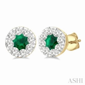 3.3 MM Emerald and 1/2 Ctw Round Cut Diamond Lovebright Precious Stud Earrings in 14K Yellow & White Gold Timeless Feature Classy Accent