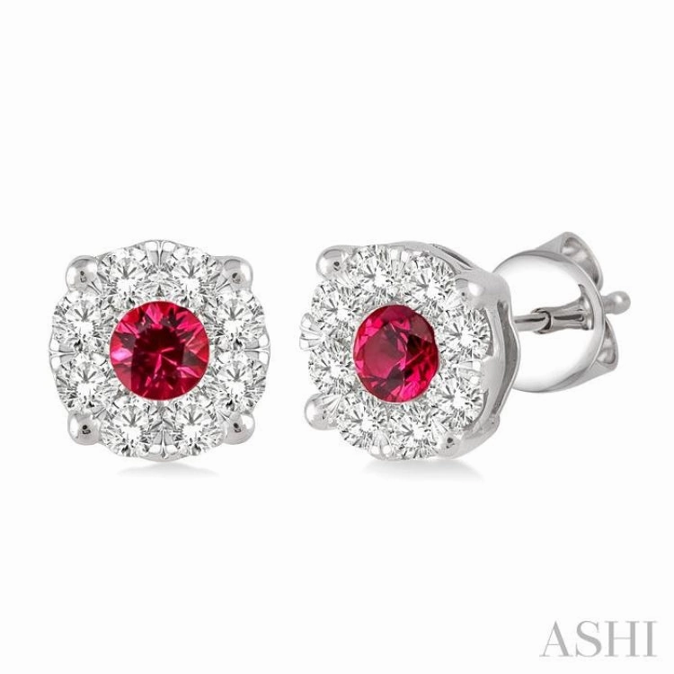 3.3 MM Round Cut Ruby and 1/2 Ctw Lovebright Diamond Precious Earrings in 14K White Gold Elegant Radiance
