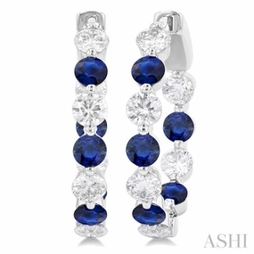 Casual Vibe Handcrafted Detail 3.3 MM Round Cut Sapphire and 1 5/8 ctw Round Cut Diamond Precious Inside-Out Alternating Hoop Earrings in 14K White Gold