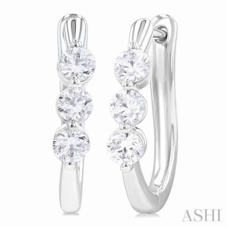 Mixed Metals 3/4 ctw 3-Stone Round Cut Diamond Fashion Hoop Earring in 14K White Gold