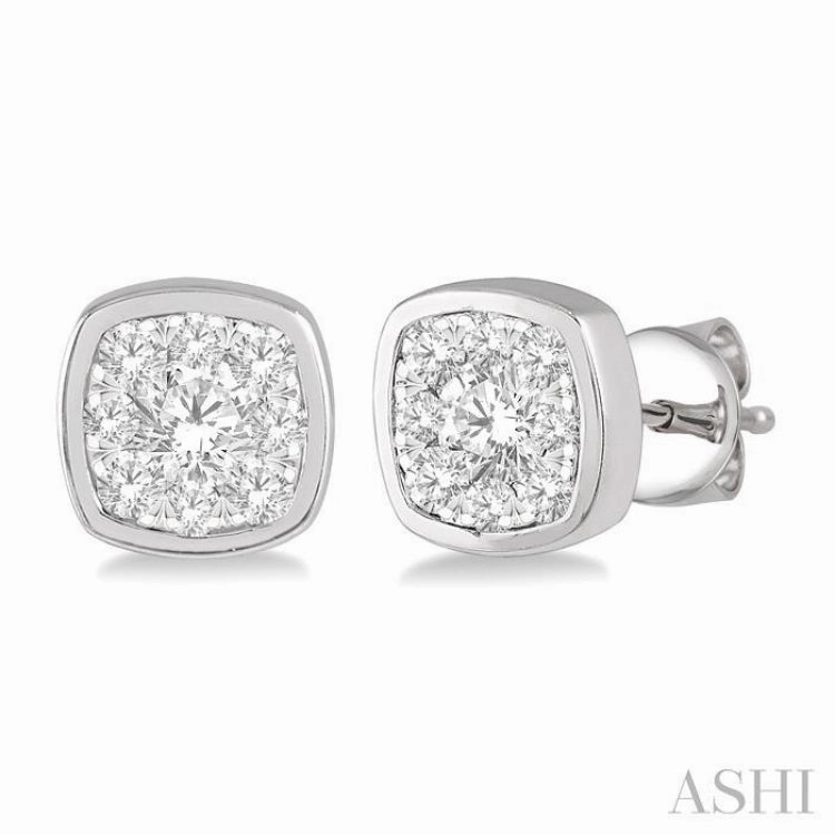 Charming Pieces 3/4 Ctw Cushion Shape Round Cut Diamond Lovebright Bezel Stud Earring in 14K White Gold