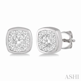 Charming Pieces 3/4 Ctw Cushion Shape Round Cut Diamond Lovebright Bezel Stud Earring in 14K White Gold
