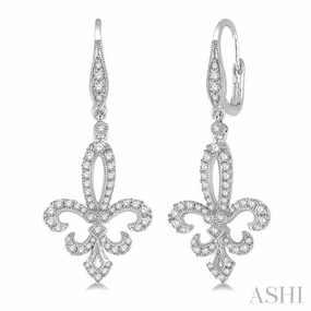 Shiny Embellishments Party Favorite 3/4 Ctw Fleur De Lis Round Cut Diamond Hanging Earrings in 14K White Gold
