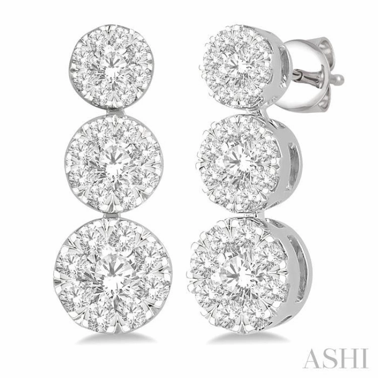 Effortless Style Chic Line 3/4 Ctw Hanging Triple Mount Lovebright Round Cut Diamond Earring in 14K White Gold