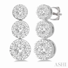 Effortless Style Chic Line 3/4 Ctw Hanging Triple Mount Lovebright Round Cut Diamond Earring in 14K White Gold