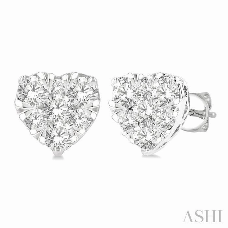 Timeless Shine Shine Party essential 3/4 Ctw Heart Shape Lovebright Round Cut Diamond Stud Earring in 14K White Gold