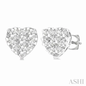 Timeless Shine Shine Party essential 3/4 Ctw Heart Shape Lovebright Round Cut Diamond Stud Earring in 14K White Gold