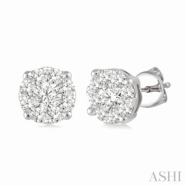 Subtle Form Fashion Statement 3/4 Ctw Lovebright Round Cut Diamond Stud Earrings in 14K White Gold