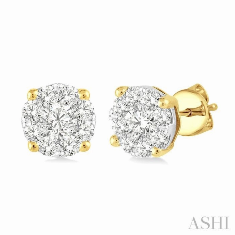 3/4 Ctw Lovebright Round Cut Diamond Stud Earrings in 14K Yellow and White Gold Chic Sparkle Outdoor Style