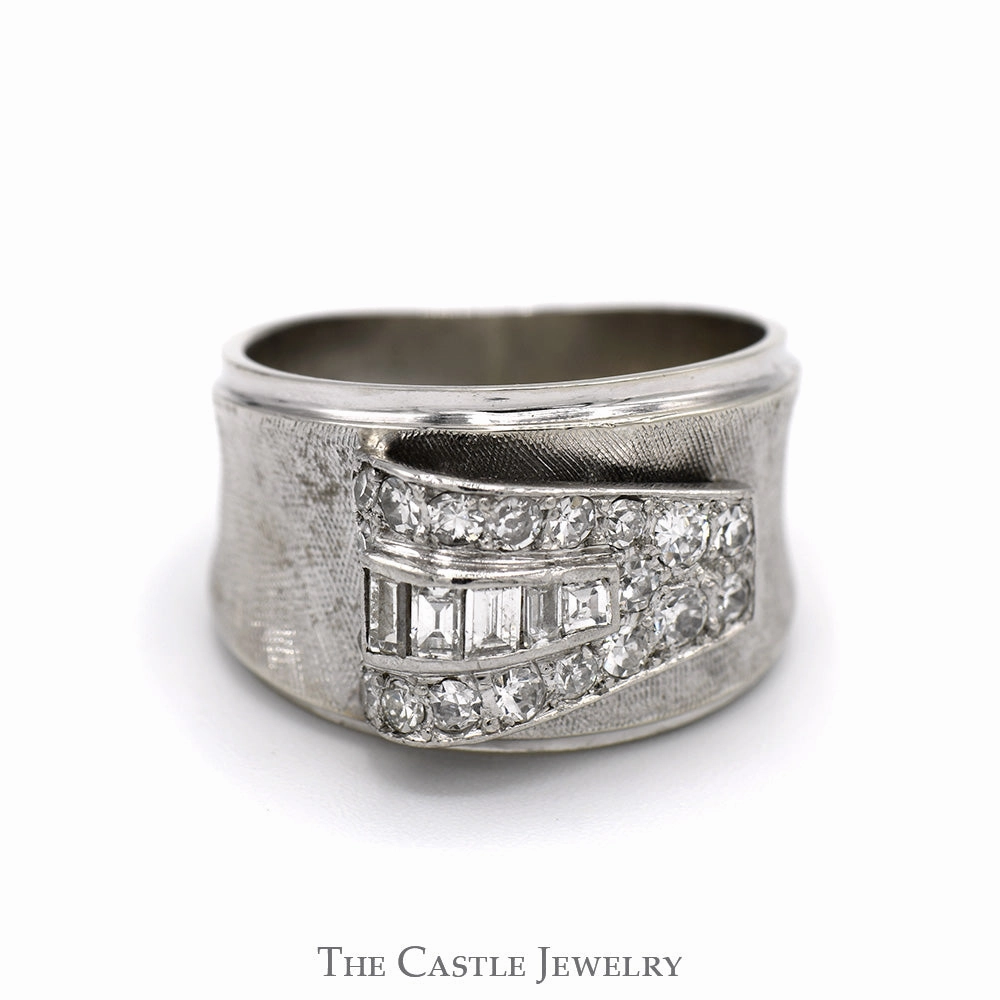 3/4cttw Baguette & Round Diamond Cluster Buckle Designed Ring in 14k White Gold Brushed Textured Band Elegant Form