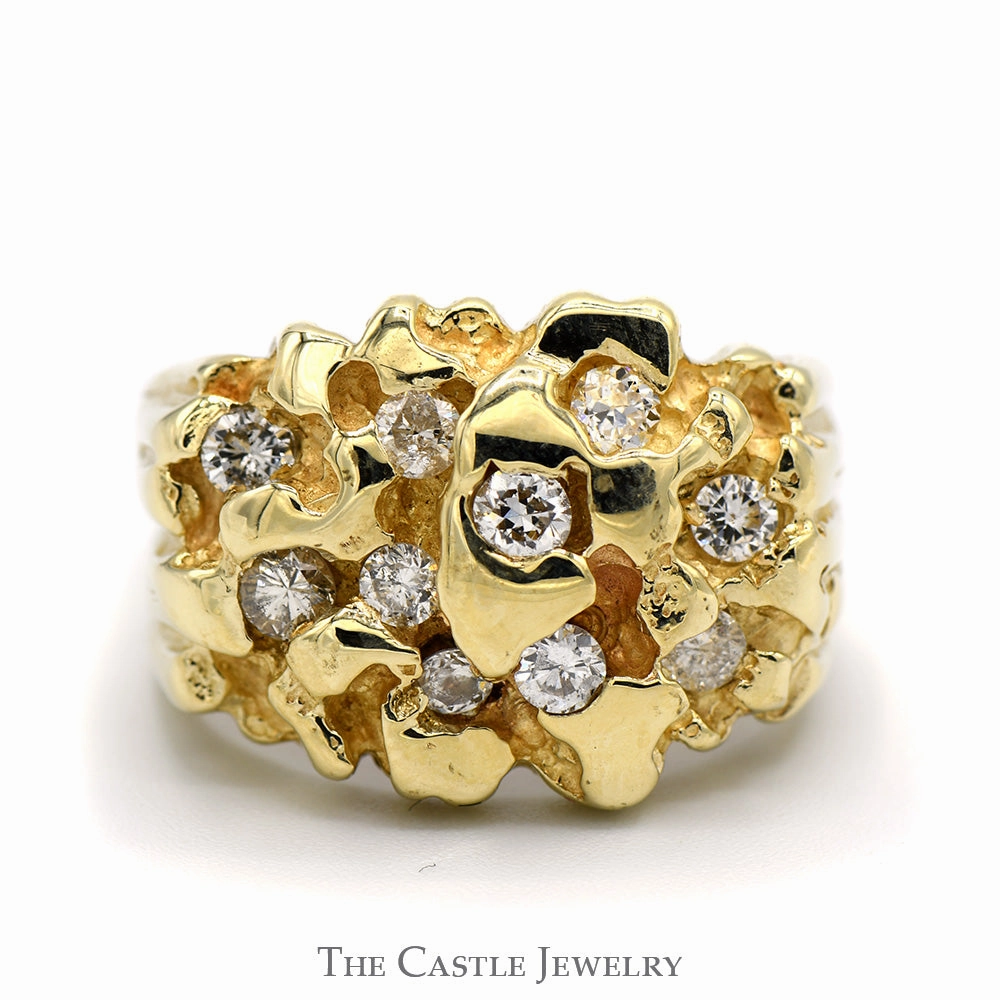3/4cttw Diamond Cluster Nugget Designed Men's Ring in 10k Yellow Gold Hypoallergenic Ornament