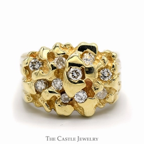 3/4cttw Diamond Cluster Nugget Designed Men's Ring in 10k Yellow Gold Hypoallergenic Ornament