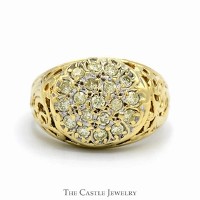 3/4cttw Diamond Kentucky Cluster Ring with Open Filigree Sides in 10k Yellow Gold Budget Statement