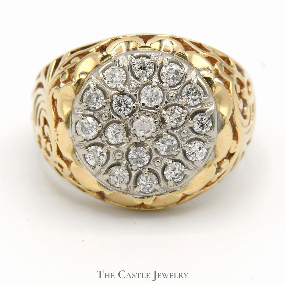 3/4cttw Kentucky Diamond Cluster Ring in 10k Yellow Gold Filigree Mounting Secure Object Amazing Art