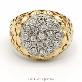 3/4cttw Kentucky Diamond Cluster Ring in 10k Yellow Gold Filigree Mounting Secure Object Amazing Art