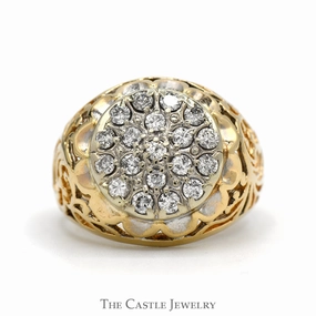 3/4cttw Kentucky Diamond Cluster Ring with Open Filigree Sides in 10k Yellow Gold Artful Gift Adjustable size
