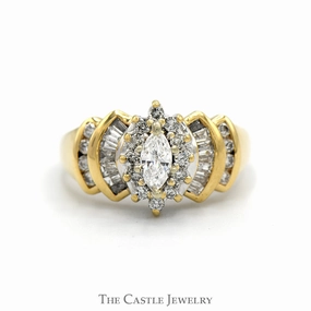 City Fashion 3/4cttw Marquise Cut Diamond Solitaire with Round & Baguette Accents in 14k Yellow Gold