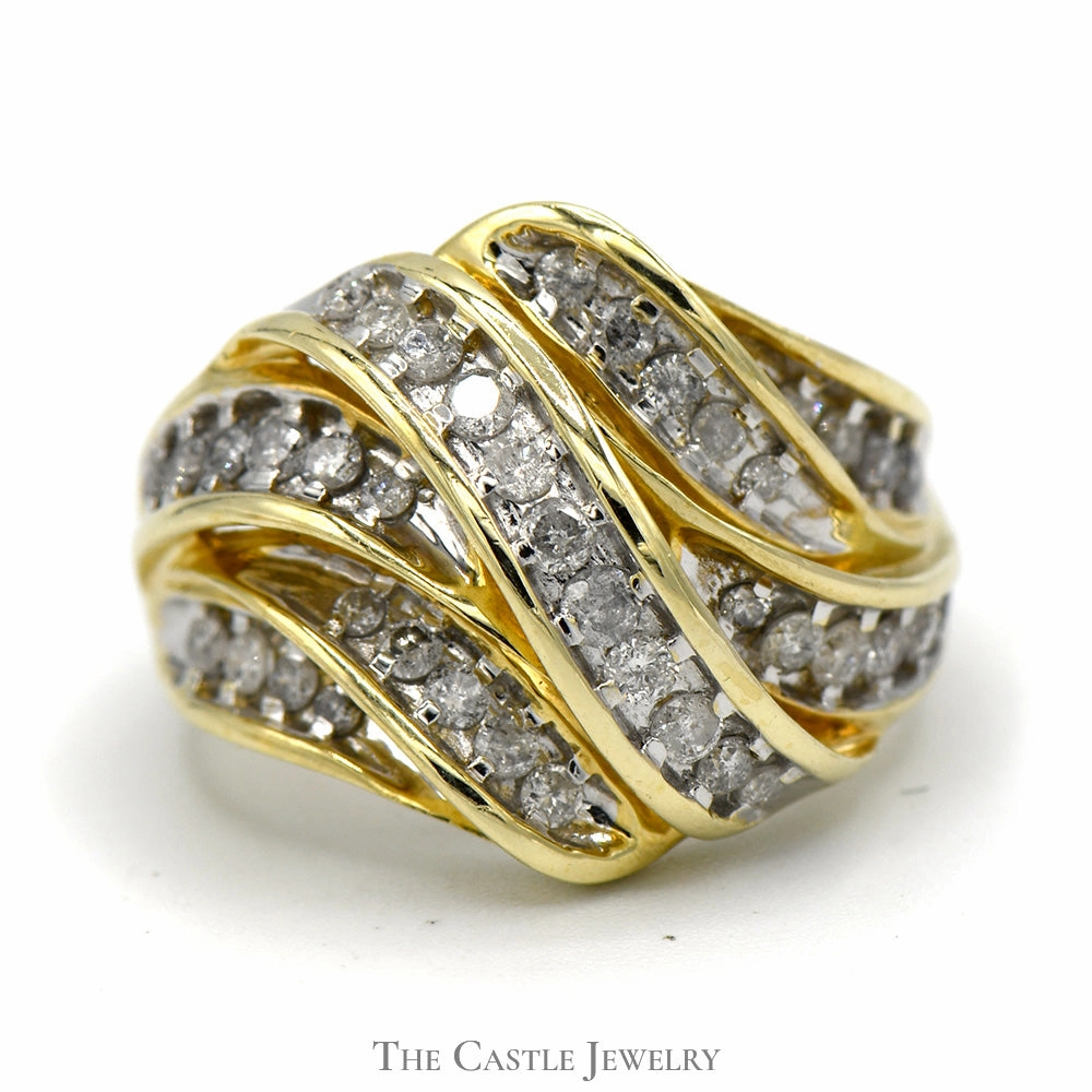 3/4cttw Multi Row Interwoven Nick Set Diamond Cluster Ring in 10k Yellow Gold Sparkling Style Daily Wear