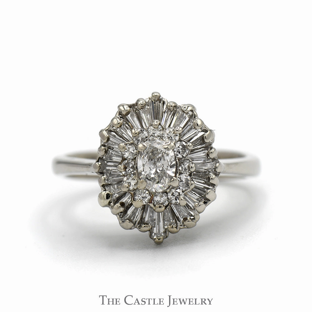 3/4cttw Oval Cut Diamond Ring with Round & Baguette Diamond Halos in 14k White Gold Lovely Look