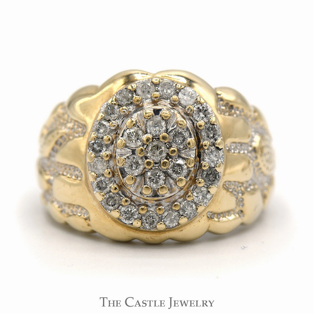 Old World 3/4cttw Oval Shaped Diamond Cluster Men's Ring with Nugget Designed Sides in 10k Yellow Gold