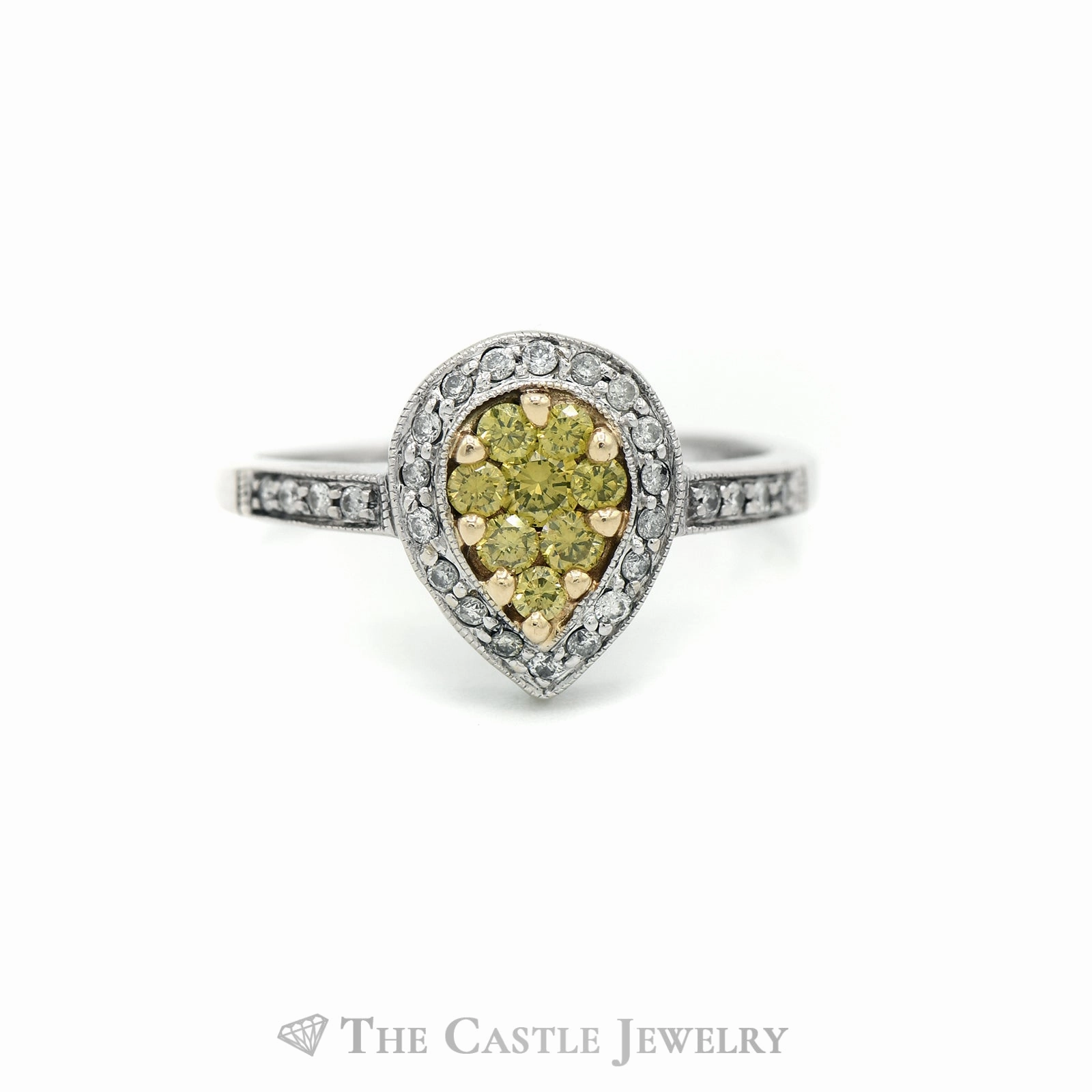 Classic Design 3/4cttw Pear Shaped Yellow & White Diamond Cluster Ring in 14k White Gold