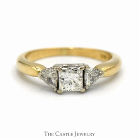 Ornate Keepsake Wonderful Craft 3/4cttw Princess Cut Diamond Engagement Ring with Trillion Cut Diamond Accents in 14k Yellow Gold