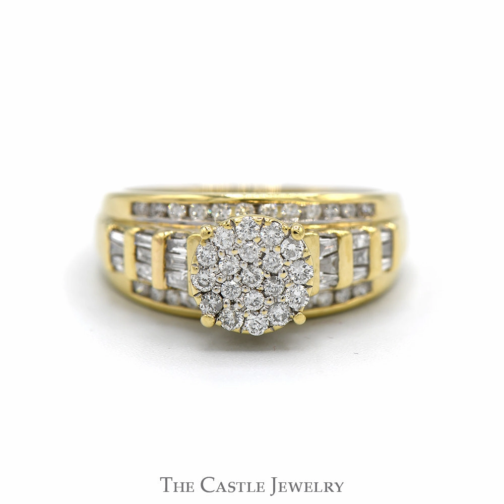 Polished Balance Romantic Adornment 3/4cttw Round Diamond Cluster Ring with Baguette & Round Diamond Accented Sides in 10k Yellow Gold