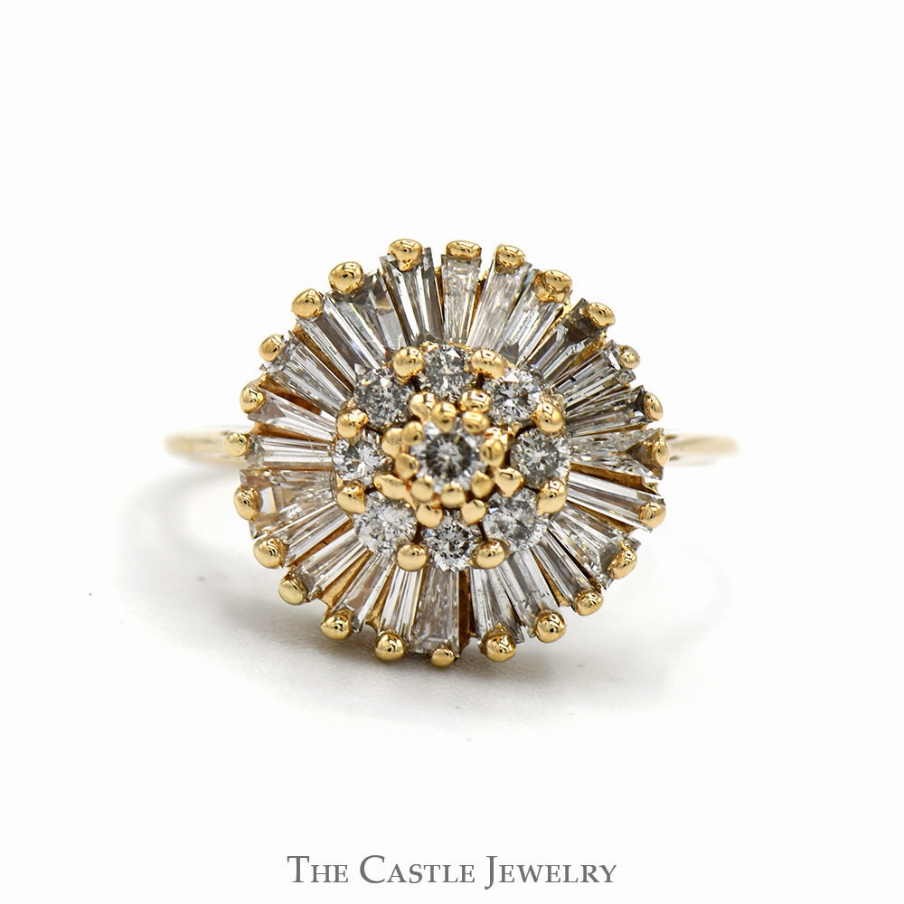 Trendy Art 3/4cttw Round Diamond Cluster Ring with Baguette Cut Diamond Halo in 10k Yellow Gold