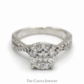 Stylish Expression 3/4cttw Round Diamond Cluster Ring with Diamond Accented Twisted Sides in 10k White Gold