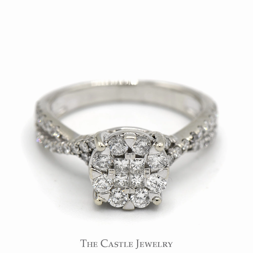 Stylish Expression 3/4cttw Round Diamond Cluster Ring with Diamond Accented Twisted Sides in 10k White Gold