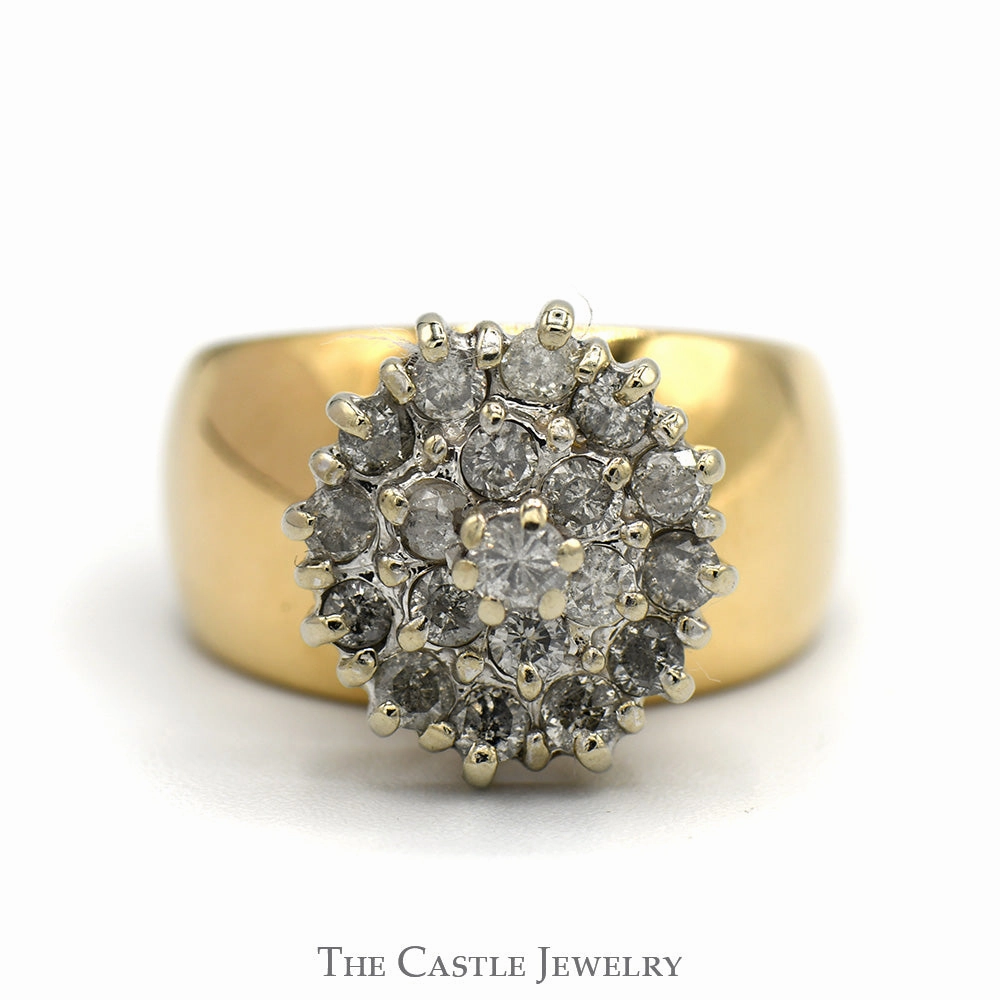Modern Statement Glossy Look 3/4cttw Round Diamond Cluster Ring with Wide Polished Sides in 10k Yellow Gold